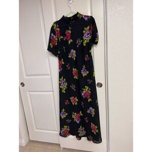 Vintage Floral Sheer Black Long Maxi High Neck Cheongsam Dress Large